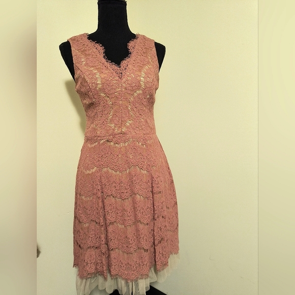 Francesca's V-Neck Low Back Dusty Rose Pink Lace Tulle Dress Size Small - Picture 7 of 16